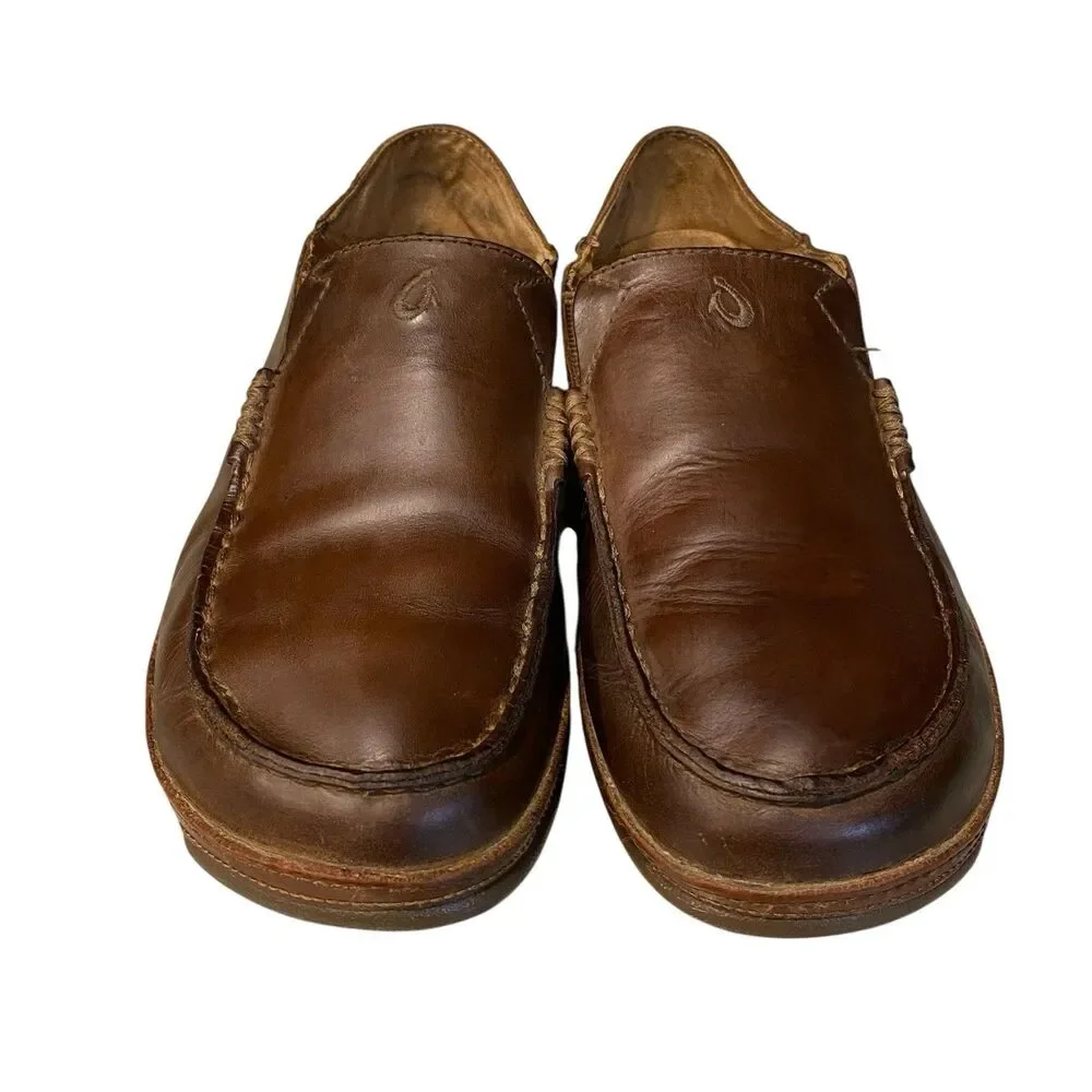 OluKai Moloa Leather Slip On Loafers Mens 8.5 Brown Drop In Heel Moc Toe Comfort